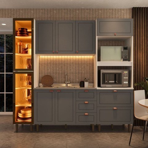 Cozinha Pérola Completa com Cristaleira LED Yescasa Cinza