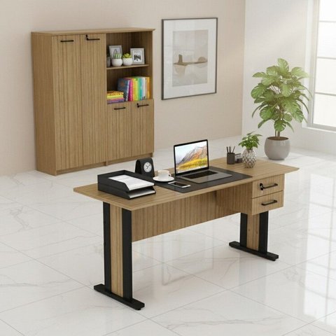 Conjunto 3 Peças 2 Armários com 4 Portas e Nicho e 1 Mesa com 2 Gavetas e Chave Espresso Móveis Amêndoa Preto Marrom