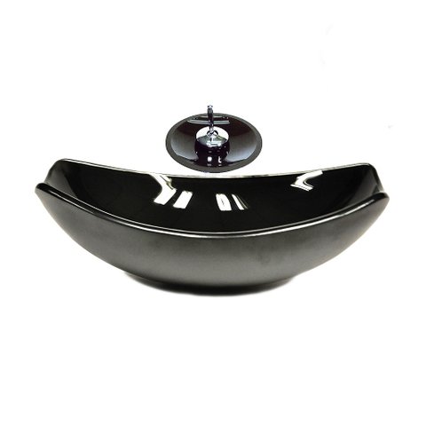 CUBA DE VIDRO OVAL CHANFRADA 51CM GRAFITE + VALVULA + TORNEIRA CASCATA