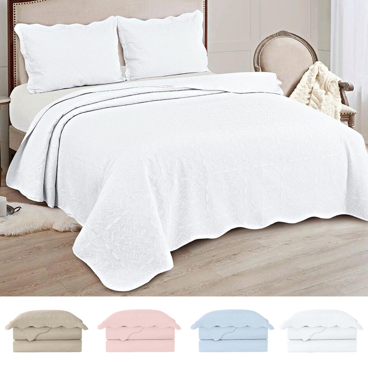 Colcha Cobre Leito King Roupa De Cama Bordado Dupla Face - Branco ...