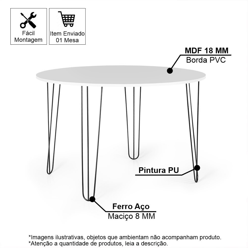 Mesa de Jantar Redonda 6 Lugares 120cm Base de Ferro Hairpin Branco - 2