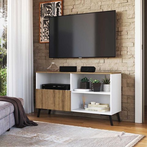 Rack Multiuso para Sala com 1 Porta e Pés em Aço 1,18 M Cor:branco com Mel