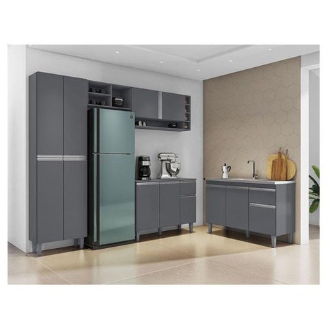 Cozinha Ambiente Vanessa e Balcão de Pia Tatiane 120 Cm Cinza Fosco - Ajl