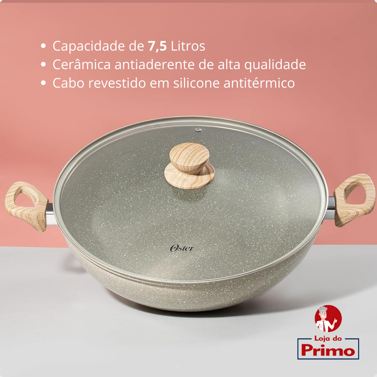 Panela Wok com Tampa 7,5l Cerâmica Marble Edition Oster Gray - 4