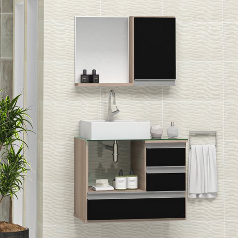 Conjunto Gabinete Banheiro POLO 60cm Madeirado/Preto - Gabinete + Cuba + Espelheira + Tampo Vidro
