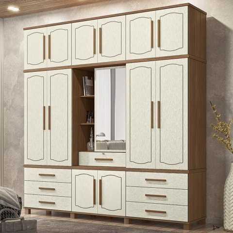 Guarda Roupa Casal Tóquio 13 Portas de Bater 7 Gavetas MDF-MDP com Espelho Jatobá-Areia Mpozenato