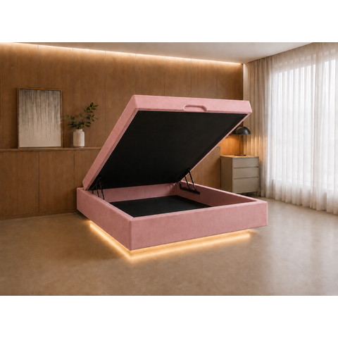 Cama Box Baú Casal Flutuante com LED, Encaixe para Colchão e Puxador Embutido:Rosa