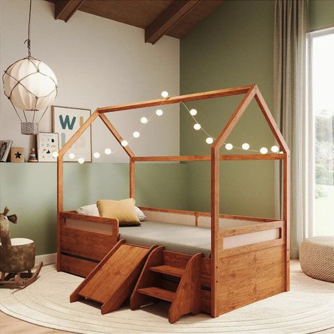 Conjunto Bicama Casinha Rattan com Escada e Escorregador Divertidamente