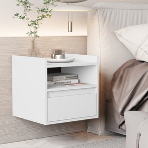 Mesa de Cabeceira Suspensa com Porta Basculante Miguel Cor Branco - Comprar Moveis em Casa