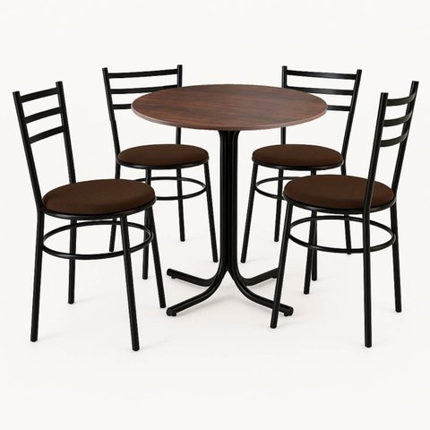 Mesa de Jantar Redonda 80cm Imbuia com 4 Cadeiras Estofada Preta