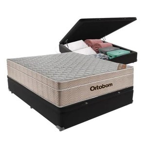 Cama Box com Baú Casal Preto + Colchão de Molas Ensacadas - Ortobom - Airtech Springpocket - 138x188