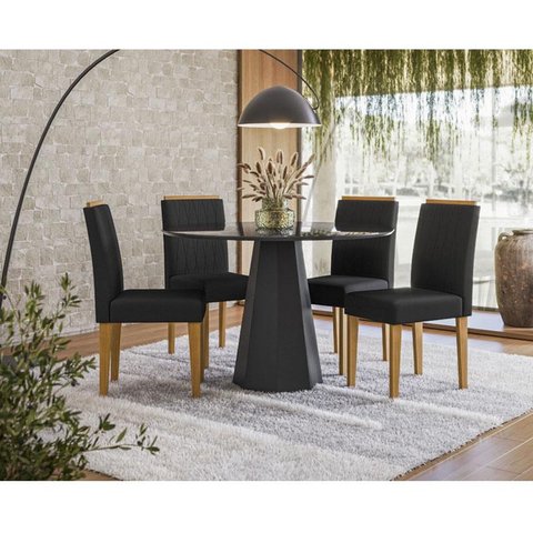 Mesa de Jantar Ambiente Isis 120x120 Cm com Vidro Preto e 4 Cadeiras Ana Ype Veludo Preto – New Ceva