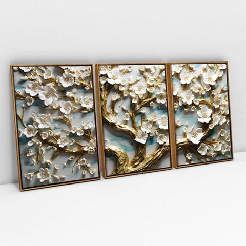Kit Quadro Decorativo 3 Telas Canvas Arvore Floral Tacolado Moldura Flutuante 4,5cm Freijó 80 X 120c