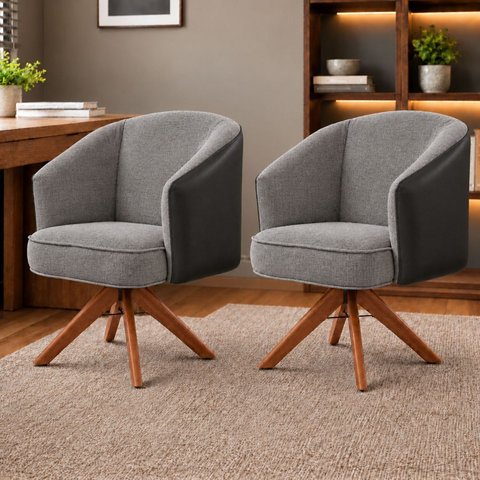 Kit 2 Poltronas Giratórias Linho Premium Base Madeira Maciça Juliana