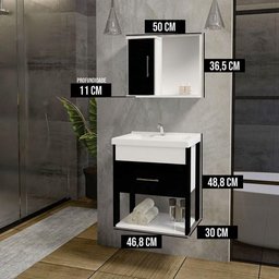 Conjunto Gabinete Inferior e Superior Banheiro 1 Porta 1 Gaveta Rubi - Preto - Preto - 3