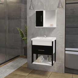 Conjunto Gabinete Inferior e Superior Banheiro 1 Porta 1 Gaveta Rubi - Preto - Preto - 1