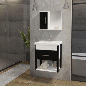 Conjunto Gabinete Inferior e Superior Banheiro 1 Porta 1 Gaveta Rubi - Preto - Preto