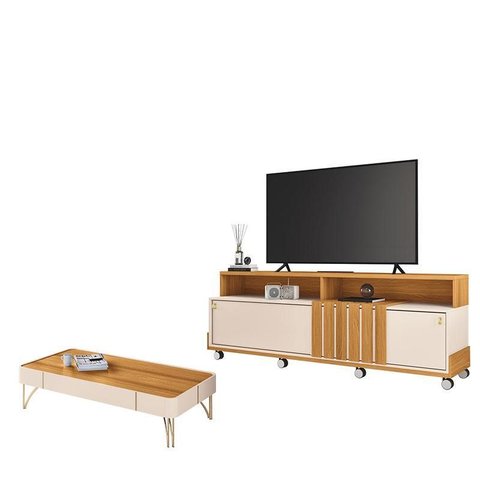 Rack Bancada Graci 1.8 com Mesa de Centro Cadenza Off White Cinamomo – Hb Móveis