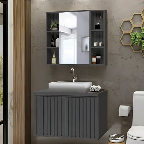 Conjunto Gabinete Banheiro Ripado 80cm C/ Cuba e Espelheira:grafite