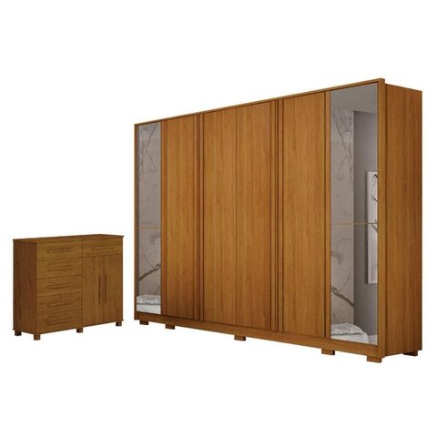 Guarda Roupa Casal Ares 6 Portas com Espelho Cinamomo com Cômoda São Paulo 6 Gavetas 2 Portas Cinamo
