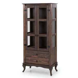 Cristaleira em Madeira Maciça com 2 Portas e 2 Gavetas Tabaco