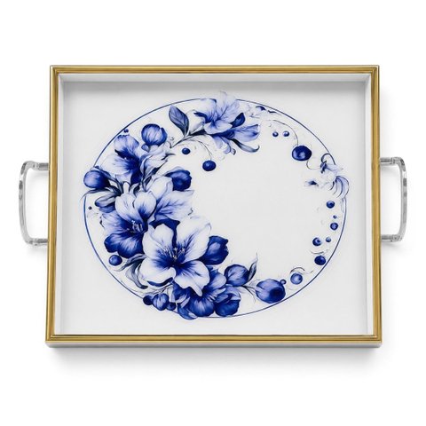 Bandeja Decorativa Branco com Floral Azul 40x40cm