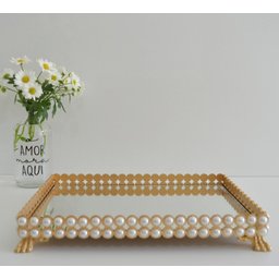 Bandeja MDF Pérola Dourado Cozinha Taças Decoração Cafe Mesa - 1