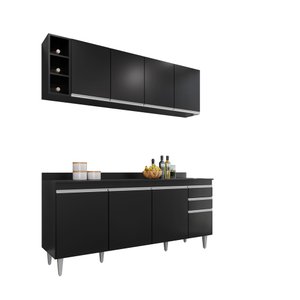 Kit Cozinha Balcão Ágatha e Aéreo com Nicho Aurora 180cm S/ Tampo Preto - Vallisa Decor