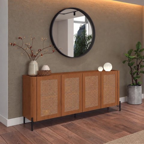 Buffet Bend 180 cm 4 Portas com Palha Sextavada Incolar Cedro com Pé Preto