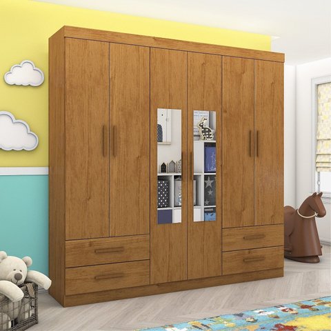 Guarda-Roupa 6 Portas 4 Gavetas com Espelho Infantil Perola Marrom/Cinamomo