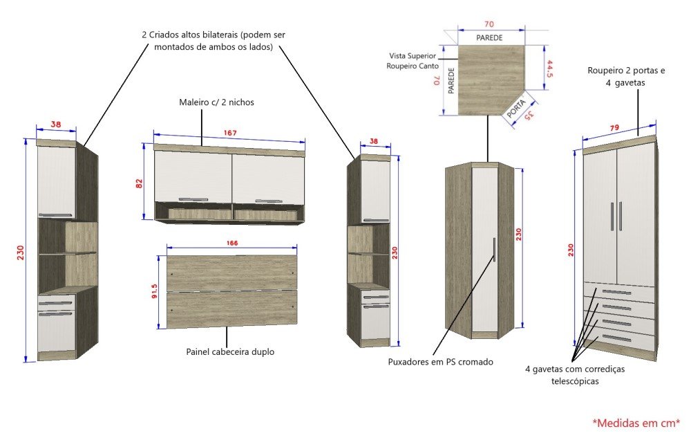 Guarda-Roupa Dormitório Modulado Master Casal Queen 158cm Canto - Avelã Rústico e Areia - Luciane - 3