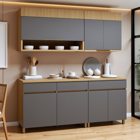 Cozinha Completa Modulada 4 Peças 7 Portas 3 Gavetas 100% MDF Realeza Premium Cinza/Carvalho/Titânio