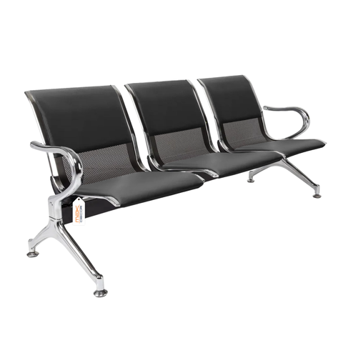 Cadeira Longarina Preta com Estofado Preto 3 Lugares