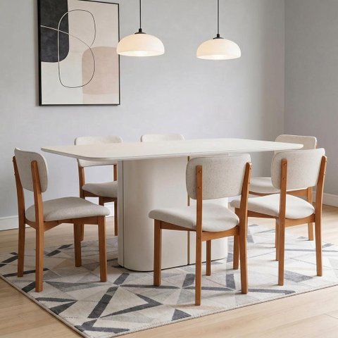 Mesa Retangular Tampo de Vidro Verbena 160cm Off White N01 com 6 Cadeiras Dara Linho Cru - Lyam