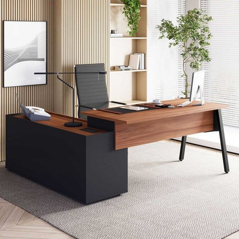 Mesa L Diretor com Armário Lateral 3 Gavetas 180cm Industrial Tampo Chanfrado Pés em Metal Executive