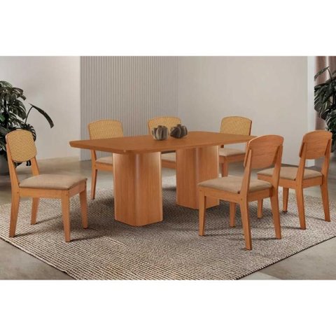 Conjunto: Mesa Sala Jantar Maldivas Curvo 180cm + 6 Cadeiras Havana Naturale - Linho Bege - Rufato