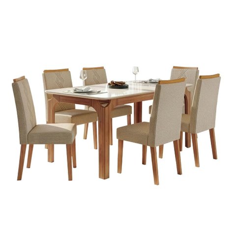 Conjunto Sala de Jantar Mesa Tampo em Vidro 1,60m Mel 6 Cadeiras Tati