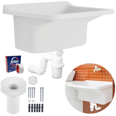 Tanque de Plástico 40l para Lavanderia Branco + Sifão Copo Universal Sanfonado + Fita Veda Rosca