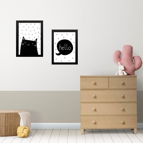 Kit 2 Quadros Infantis Gatinho Escandinavo 45x34cm - com Vidro:madeira Preta