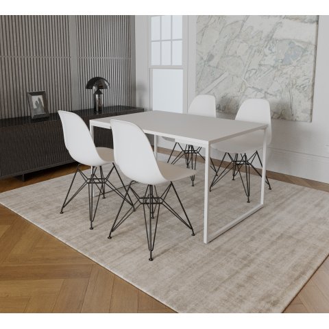 Mesa Industrial Base Ferro Branco Tampo 137x90 Branco 4 Cadeiras Eames Ferro Preto Assento Branco
