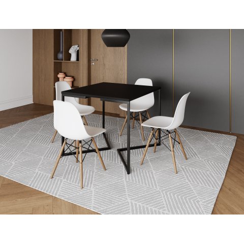 Mesa Industrial Base Ferro Preto em V Tampo 90x90 Preto 4 Cadeiras Eames Madeira Assento Branco