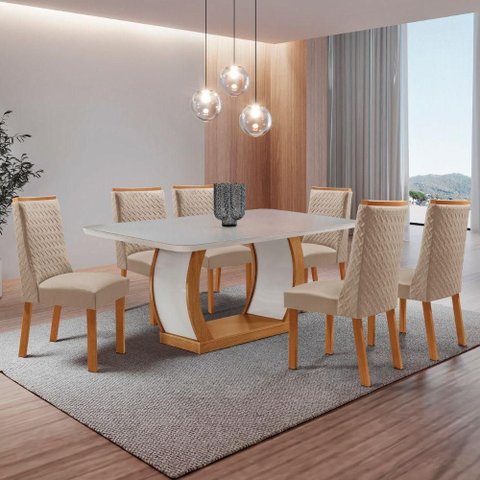 Conjunto de Jantar Milena 6 Lugares Tampo MDF Canto Copo Cadeiras Carolina Veludo Creme 180cm