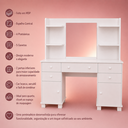 Ver imagem 4 de Penteadeira Camarim com Espelho 5 Gavetas 2 Portas Banqueta Estofada Prateleiras Multifuncional