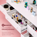 Ver imagem 2 de Penteadeira Camarim com Espelho 5 Gavetas 2 Portas Banqueta Estofada Prateleiras Multifuncional