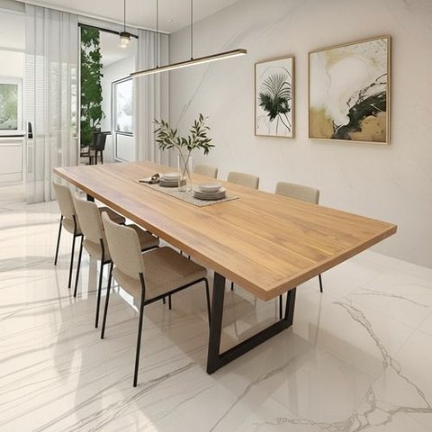 Mesa de Jantar Industrial Madeira com Pé Metal Preto 220x100:tampo Painel de Teca