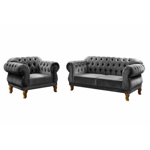 Kit Namoradeira Duquesa Chesterfield 2 Lugares + 1 Poltrona - Suede Cinza Grafite