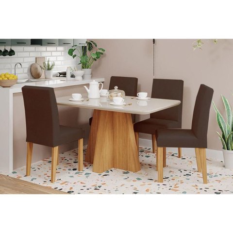 Conjunto: Mesa Sala Jantar Maitê Tampo Madeirado C/ Vidro 130x80cm e 4 Cadeiras Maia Cinamomo/off