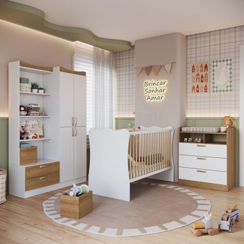 Quarto Infantil Completo com Guarda Roupas 4 Portas, Cômoda e Berço Branco Mel