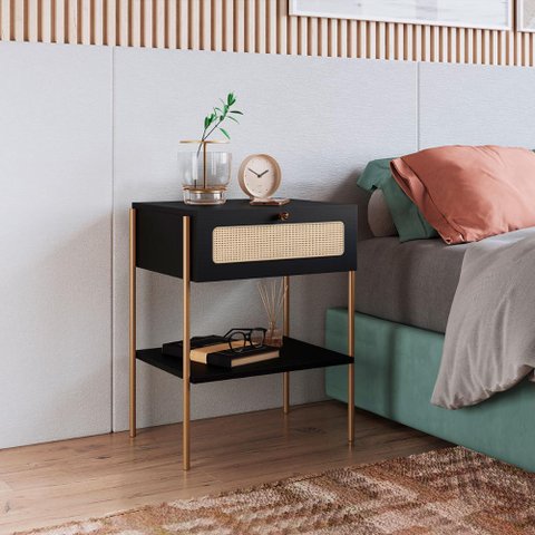 Mesa de Cabeceira Retrô para Quarto com Prateleira e Gaveta Cor:nero com Dourado