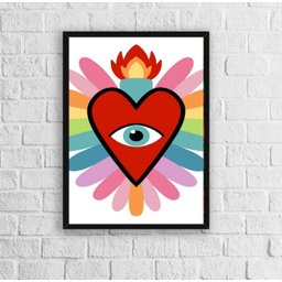 Quadro Decorativo Coração Com Olho 45x34cm - com vidro:Madeira branca - 1